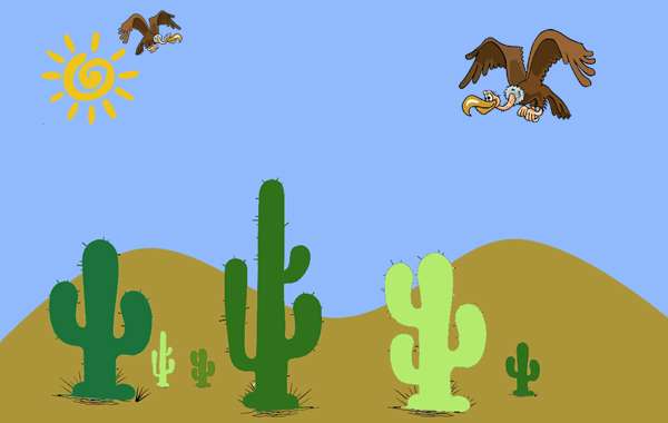 Пустыня, кактусы, летающие грифы, иллюстрация картинка