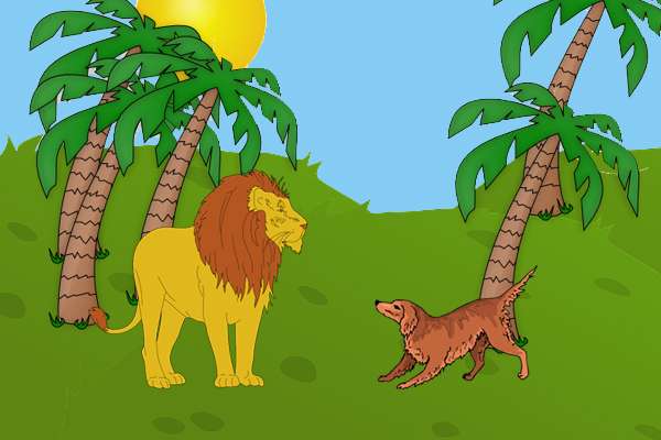 Собака пришла ко льву, пальмы, солнце, иллюстрация картинка