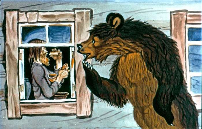 Медведь подсматривает в окно, рисунок картинка сказка. Художник: Лосин В.