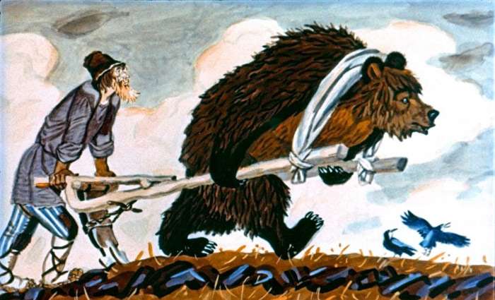 Медведь и мужик боронуют землю, рисунок картинка сказка