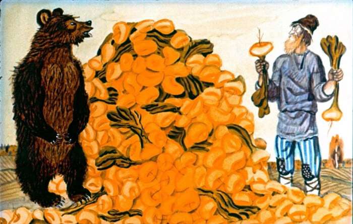 Мужик и медведь делят урожай, рисунок картинка сказка