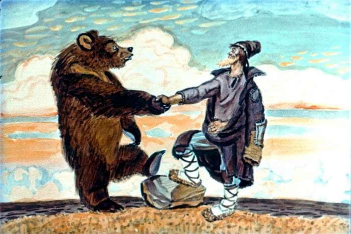 Медведь договорился с мужиком о корешках, рисунок картинка сказка