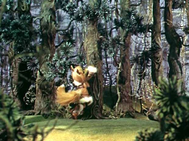 Лисица собирает смолу с деревьев, кадр из мультфильма
