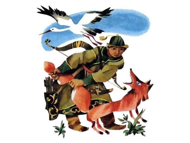 Журавль, лиса и охотник, рисунок картинка клипарт