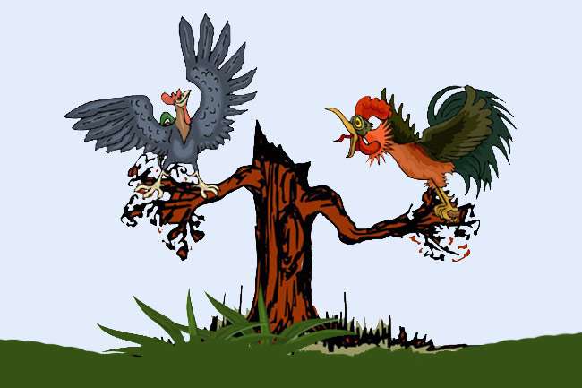 Петухи на дереве, иллюстрация картинка рисунок