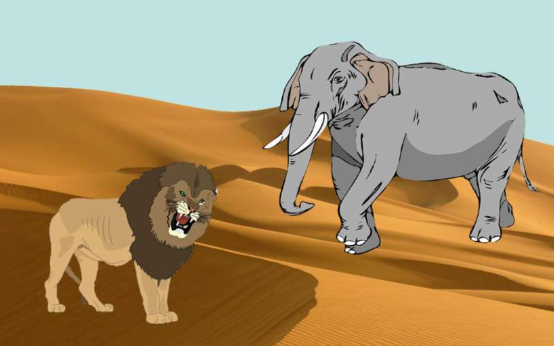 Слон и лев, иллюстрация картинка рисунок