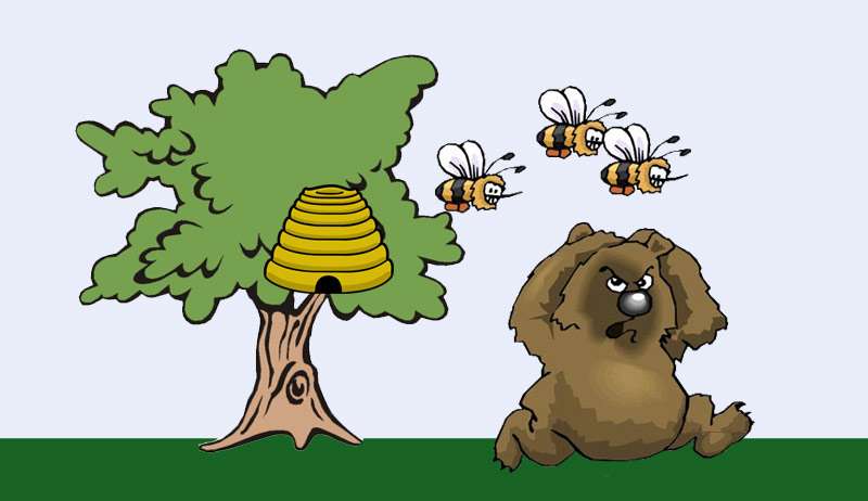 Медведь убегает от пчел, рисунок картинка иллюстрация