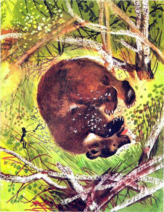 Медведь катается по траве, пытаясь раздавить комаров, рисунок иллюстрация