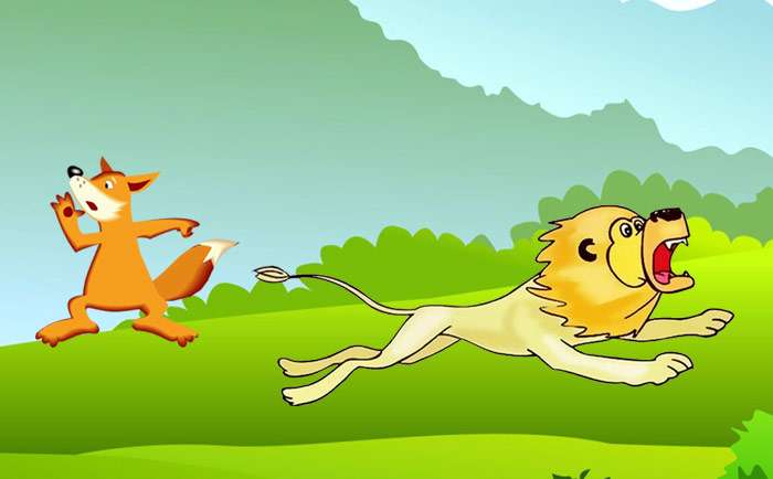 Глупый лев убегает от лиса и осла, рисунок иллюстрация