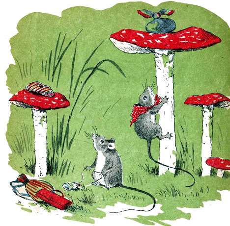 Мышка лезет на гриб за узелком, рисунок иллюстрация