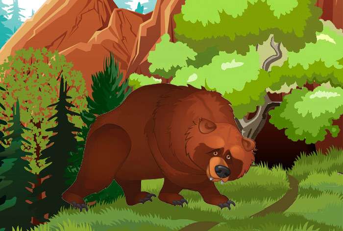 Медведь пытается войти в берлогу, но ему мешает дерево, рисунок иллюстрация