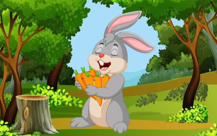 Довольный заяц кролик держит в лапах много морковок, рисунок иллюстрация