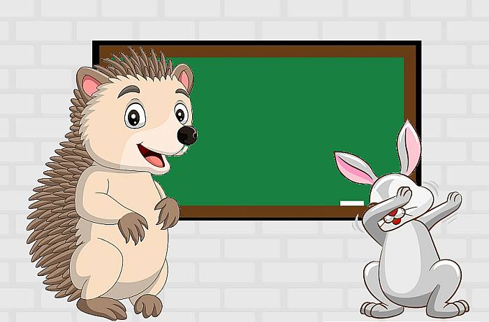 Зайчонок и Еж Ежович стоят у школьной доски, рисунок картинка иллюстрация