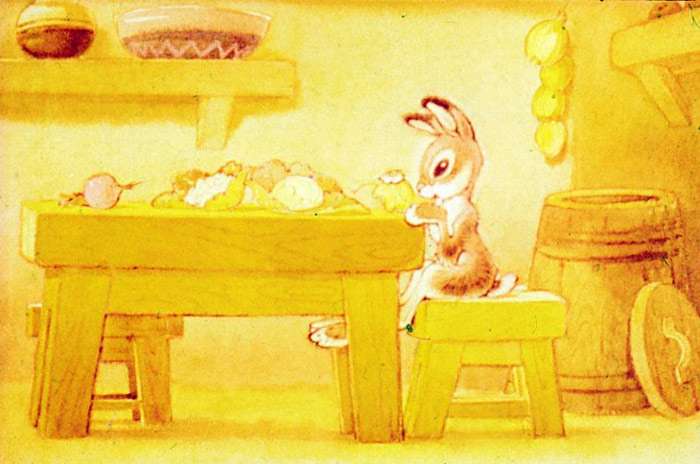 Зайчонок обедает любимой капустой, рисунок картинка