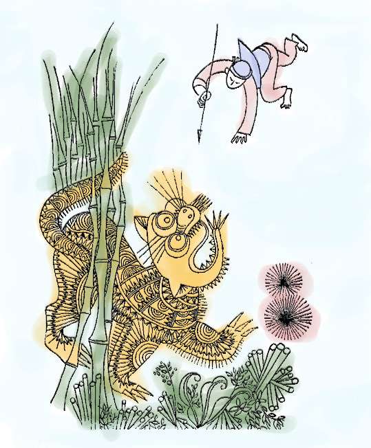 Охотник охотится на тигра, рисунок иллюстрация к сказке