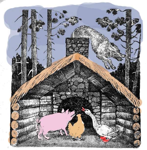 Волк лезет в домик поросенка через трубу, рисунок иллюстрация к сказке