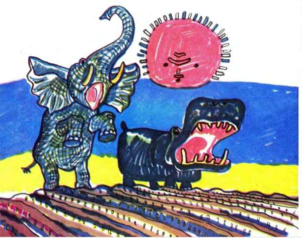 Обманутые слон и бегемот, рисунок иллюстрация к сказке