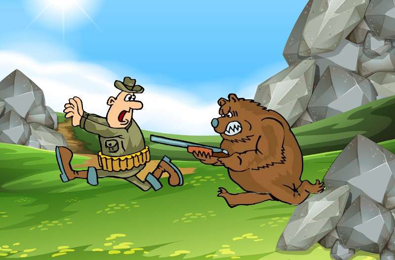 Медведь с ружьем гонится за охотником, смешной рисунок картинка