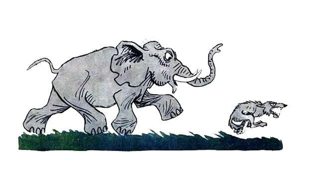 Мышонок-слон прогоняет волка, рисунок иллюстрация