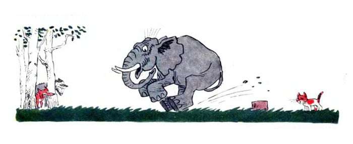 Мышонок-слон убегает от кошки, рисунок иллюстрация