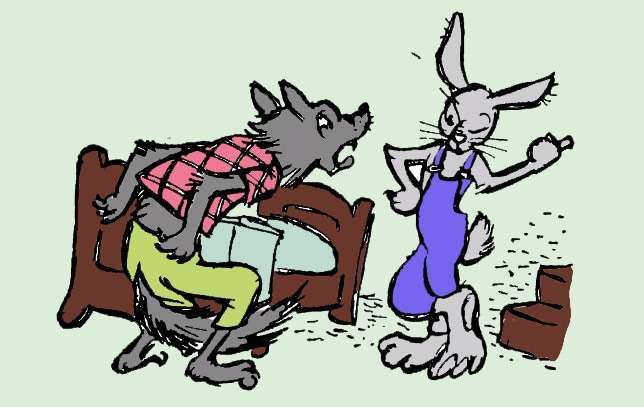 Заяц в норе у Волка, рисунок иллюстрация
