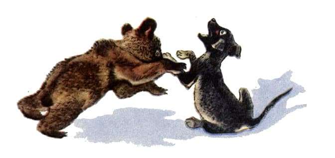 Медвежонок и собачка играют, иллюстрация картинка