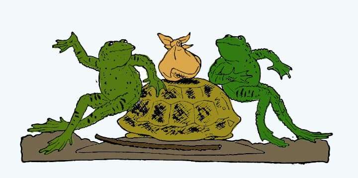 Две лягушки сели на черепаху, иллюстрация картинка
