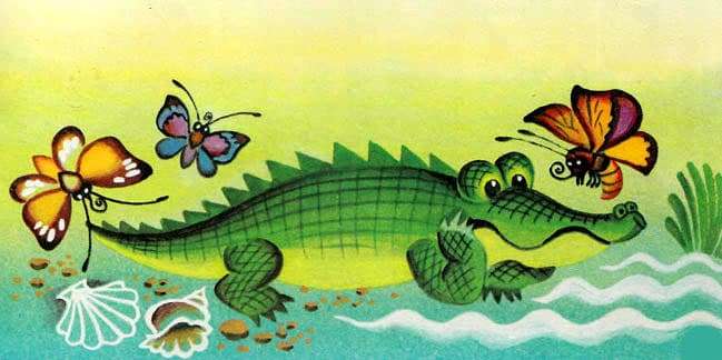 Крокодил любуется бабочками, иллюстрация картинка