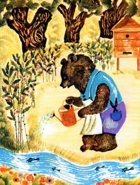Медведь выращивает малину, рисунок иллюстрация