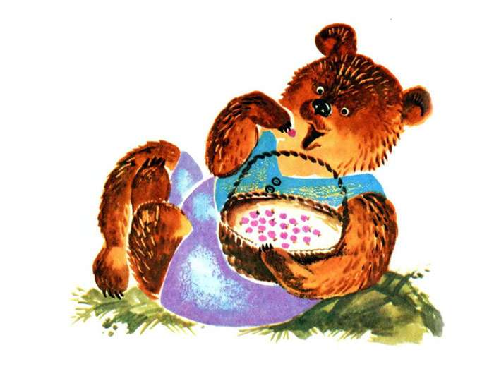 Медведь ест малину, рисунок иллюстрация