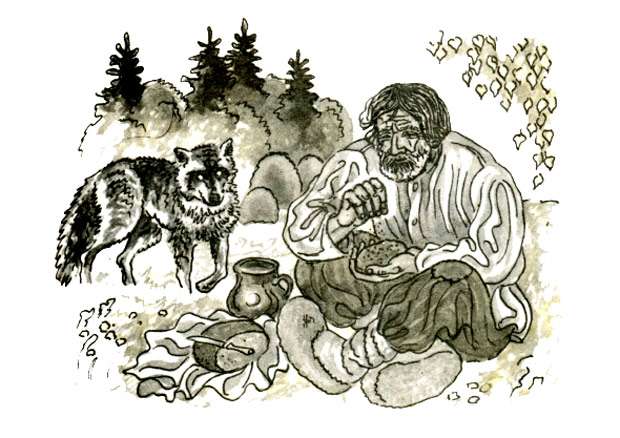 Волк просит у мужика хлеба, рисунок иллюстрация