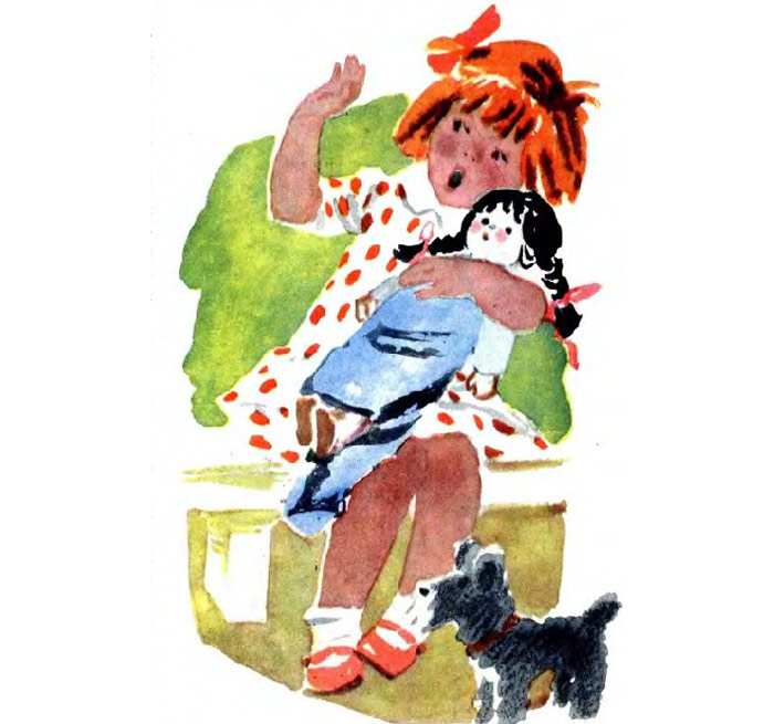 Девочка Машенька с куклой, рисунок иллюстрация