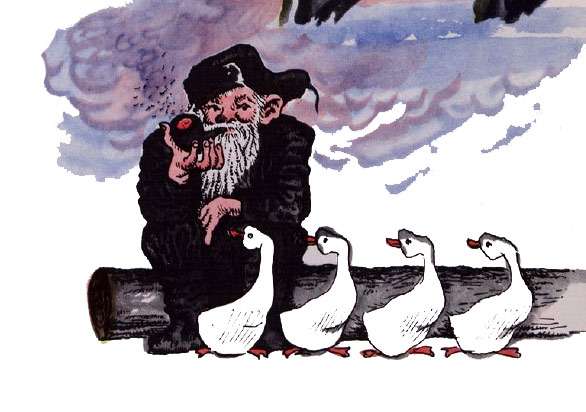 Старый дед пасет гусей, рисунок иллюстрация