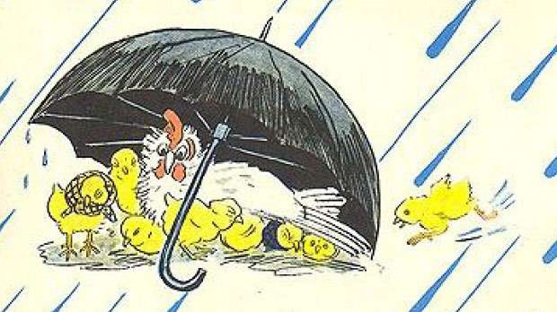 Цыплята прячутся от дождя под зонтиком, рисунок иллюстрация