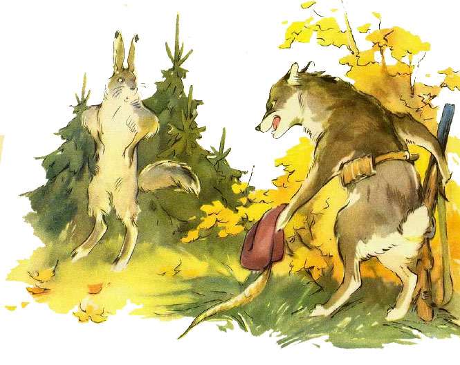 Заяц с длинным хвостом встретил волка, рисунок иллюстрация