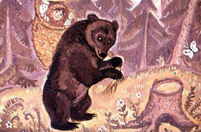 Медведь несет короб с пирожками, рисунок иллюстрация