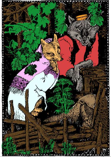 Волк и лиса в одежде, рисунок иллюстрация