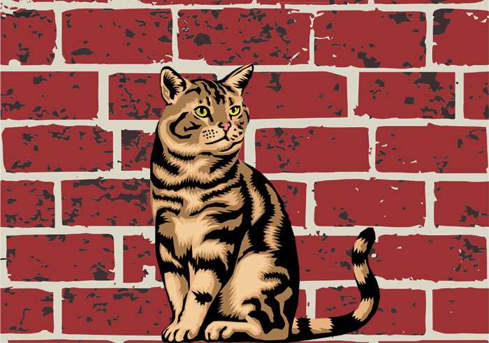 Бездомный кот сидит у кирпичной стены, рисунок иллюстрация