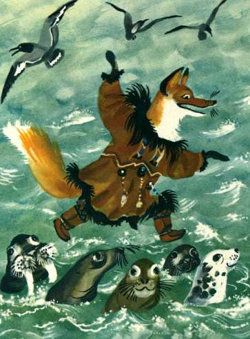 Лиса бежит по головам тюленей и нерп, рисунок иллюстрация