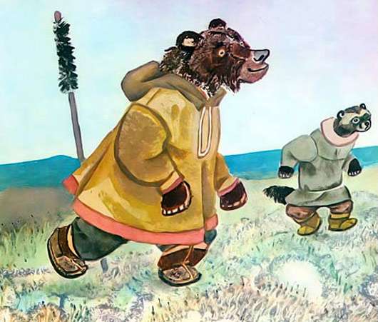 Медведь и росомаха тоже решили участвовать в беге, рисунок иллюстрация
