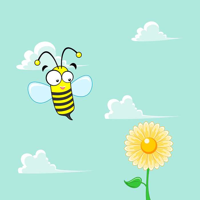 Пчела летает около цветка, рисунок иллюстрация