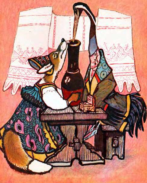 Лисица в гостях у журавля,  рисунок иллюстрация