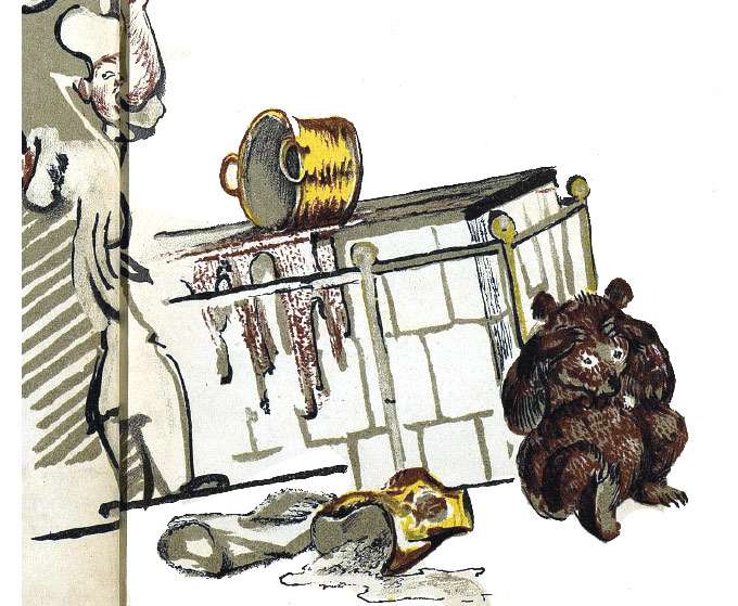 Медвежонок на кухне устроил разгром, рисунок иллюстрация