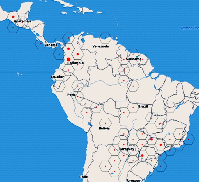 Ареал голохвостых броненосцев (Cabassous), карта распространения