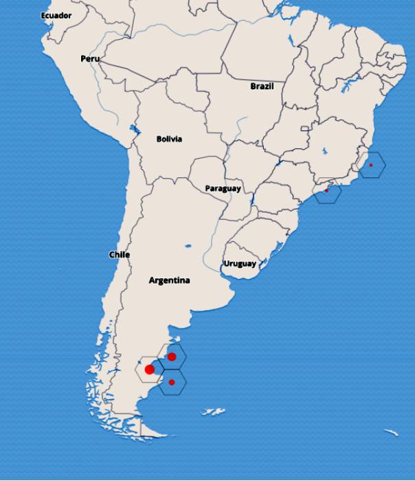 Бразильский конгрио (Genypterus brasiliensis), карта ареал распространение