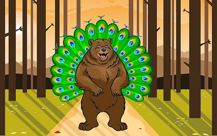 Медведь с павлиньим хвостом, рисунок картинка иллюстрация