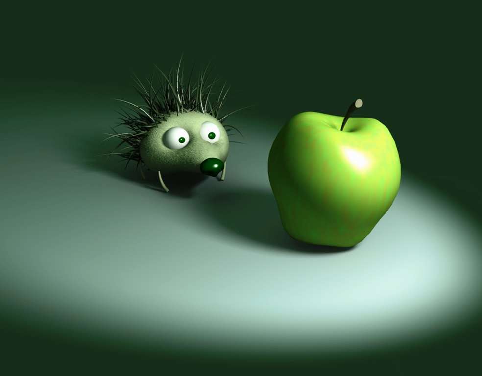 Ежик любуется яблоком, 3D картинка обои