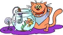 кот готовит рыбку в аквариуме, клипарт